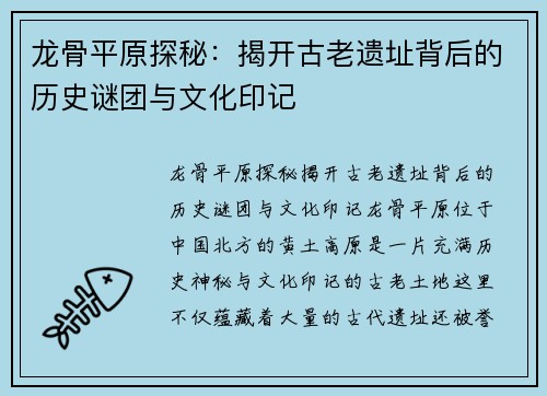 龙骨平原探秘：揭开古老遗址背后的历史谜团与文化印记